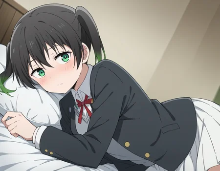 score_9, score_8_up, score_7_up, source_anime, <lora:yuu-takasaki-s2-ponyxl-lora-nochekaiser:1>, yuu takasaki, bangs, black hair, hair between eyes, twintails, green eyes, multicolored hair, green hair, medium hair, two-tone hair, gradient hair,, skirt, long sleeves, school uniform, jacket, red ribbon, black jacket, blazer, nijigasaki academy school uniform, white skirt,, indoors, bed, bed room, on side, blush, drunk, looking at viewer, solo,, cowboy shot, dutch angle