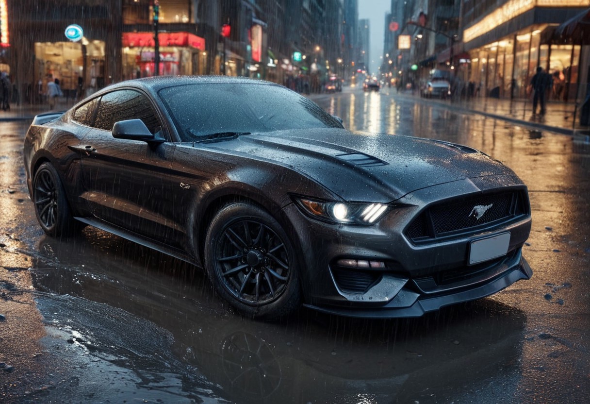 masterpiece,absurdres,8k,ford mustang, hyper realistic,shiny,ultradetailed,night,city center,rain,unreal engine,The image of the car is reflected in the puddle on the ground