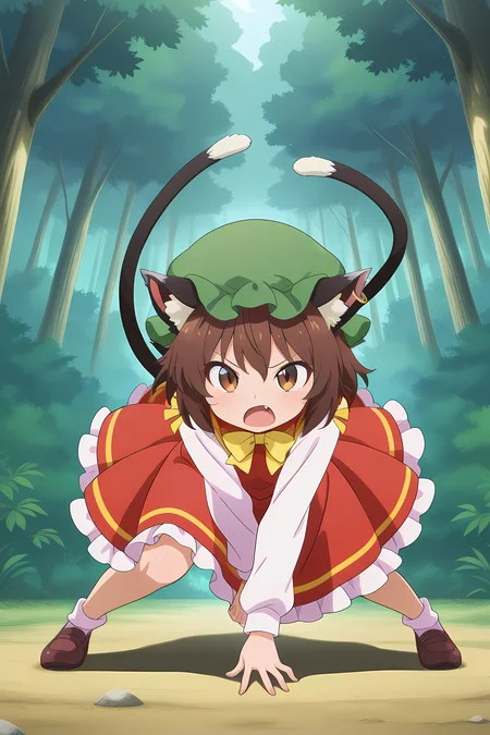 absurdres, highres, masterpiece, best quality, amazing quality, official anime artwork, screencap, anime screencap, forest, outdoors, fighting stance,
<lora:Chen_Illustrious:1> chen, 1girl, solo, brown hair, short hair, brown eyes, cat tail, two tails, cat ears, fang,, mob cap, green hat, single earring, red dress, dynamic pose,
