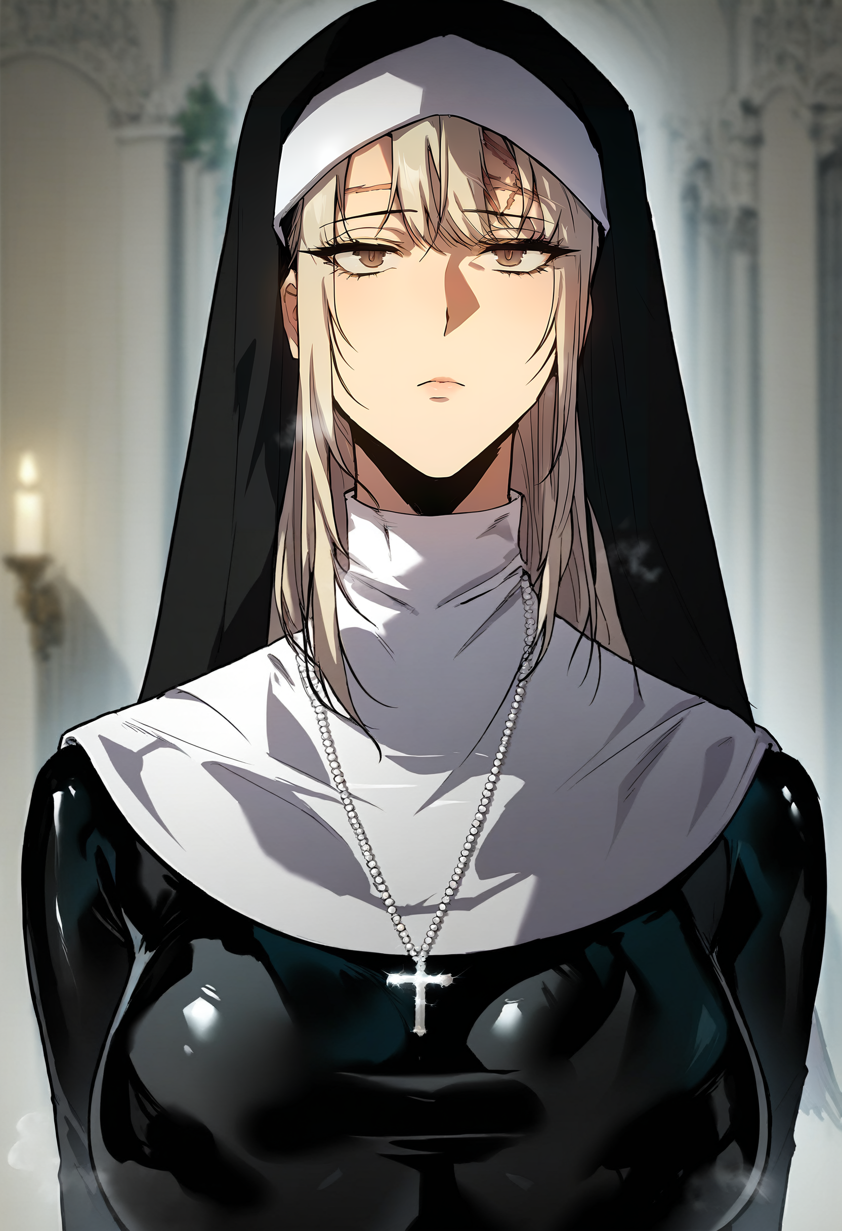 score_9, score_8_up, score_7_up, score_6_up, source_anime, rating_explicit, 1girl, solo, huge breasts, <lora:Rachelautisponyxl:1> long hair, brown eyes, blonde hair, grey hair, scar, traditional nun, habit, black bodysuit, latex bodysuit, skin tight, cross necklace, expressionless, Narrow shoulders, heavy breathing, steaming body, cathedral, indoors, looking at viewer, standing, close-up