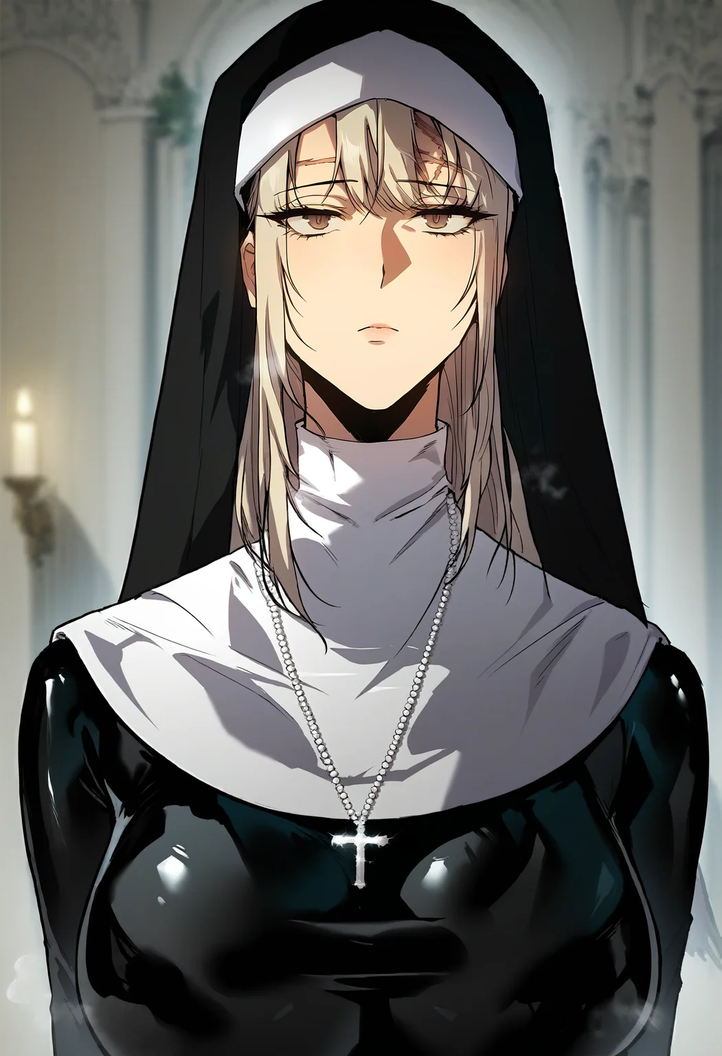 score_9, score_8_up, score_7_up, score_6_up, source_anime, rating_explicit, 1girl, solo, huge breasts, <lora:Rachelautisponyxl:1> long hair, brown eyes, blonde hair, grey hair, scar, traditional nun, habit, black bodysuit, latex bodysuit, skin tight, cross necklace, expressionless, Narrow shoulders, heavy breathing, steaming body, cathedral, indoors, looking at viewer, standing, close-up