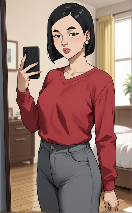 score_9, score_8_up, score_7_up, absurdres,an image of a person taking a picture of themselves in a mirror with a cell phone in front of them, looking at viewer, indoors, bedroom, curtains, full-length mirror, blurry background, depth of field,  <lora:PONYXL_Invincible_DebbieGrayson_ownwaifu:0.85>, BREAK RedShirt_DebbieGrayson_ownwaifu, 1girl, asian, black eyes, black hair, lips, long sleeves, mature female, nose, red shirt, thick eyebrows, v-neck, jewelry, earrings, medium hair, sweater, breasts, grey pants, bob cut, jeans, lipstick, pink lips, red sweater, stud earrings, <lora:add-detail-xl:0.15>,