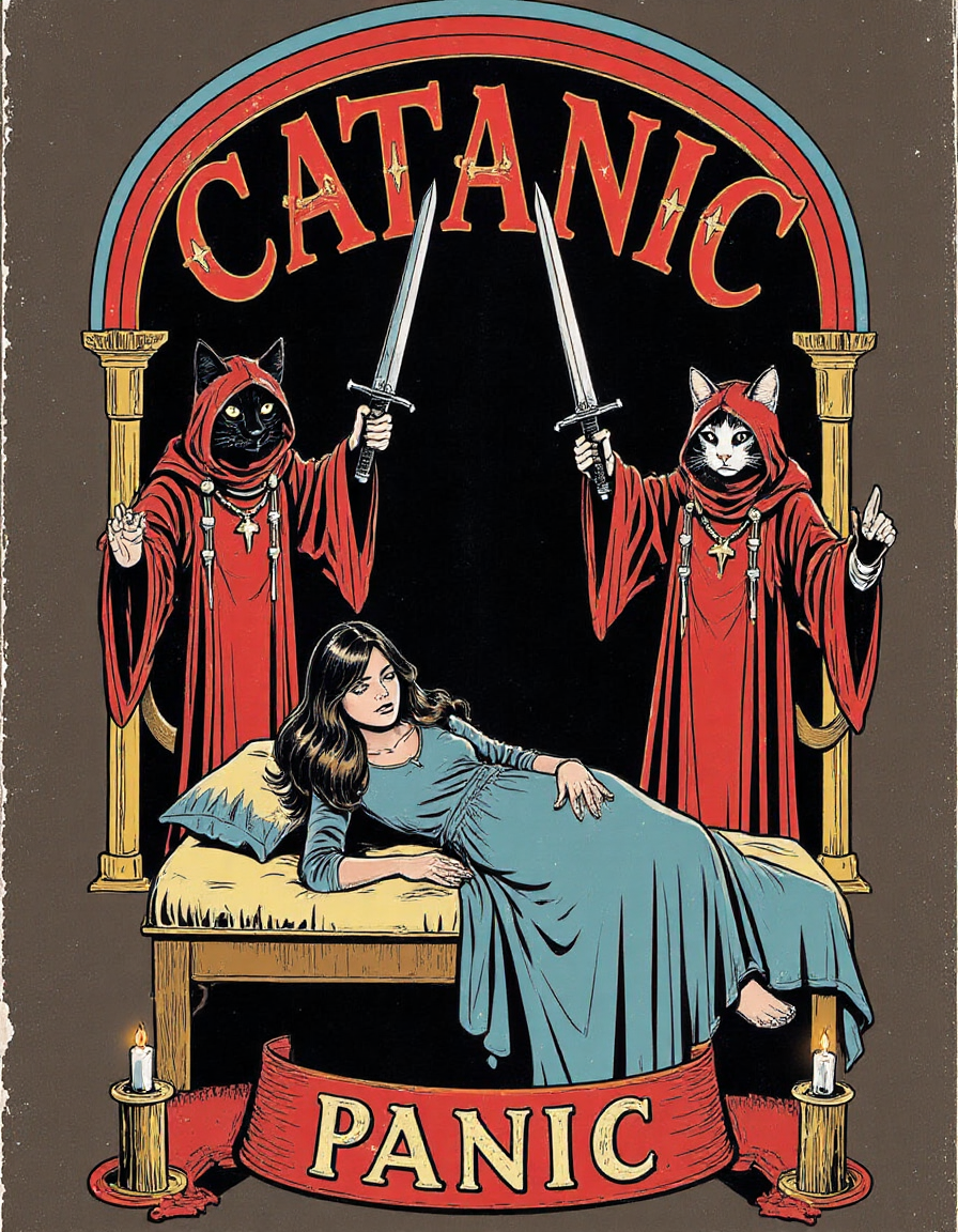 The image is a striking illustration that combines elements of horror and fantasy. At the center, there's a woman lying on a bed with her eyes closed, appearing serene yet slightly melancholic. She is surrounded by three cats, each dressed in red robes and holding a sword aloft as if ready for battle or perhaps symbolizing protection. The cats are positioned symmetrically around her, creating an almost balanced composition.
Above the central scene, the word 'CATANIC' is prominently displayed in large, bold letters, suggesting a theme related to this term. Below the central figure, the word 'PANIC' is written in a smaller font, reinforcing the ominous atmosphere. The background features Gothic-style arches and candles, adding to the eerie ambiance. This artwork seems to be designed to evoke a sense of tension and mystery, possibly hinting at themes of supernatural power or impending danger.st3v3n_r0hod3s