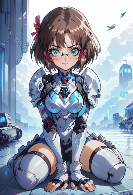 score_9, score_8_up, score_7_up, source_anime 1girl, true blue kaya, futuristic warrior girl, feminine, short hair, brown hair, hair ribbon, bangs, looking at viewer, green eyes, glasses, blush, smile, silver armor, silver tech, SilverPulse, sitting on floor, bent knees, defiant pose, futuristic background, neonpunk, <lora:Kaya_-_ã«ã¤_TRUE_BLUE_Gaiden_for_Pony:1>, rating_questionable