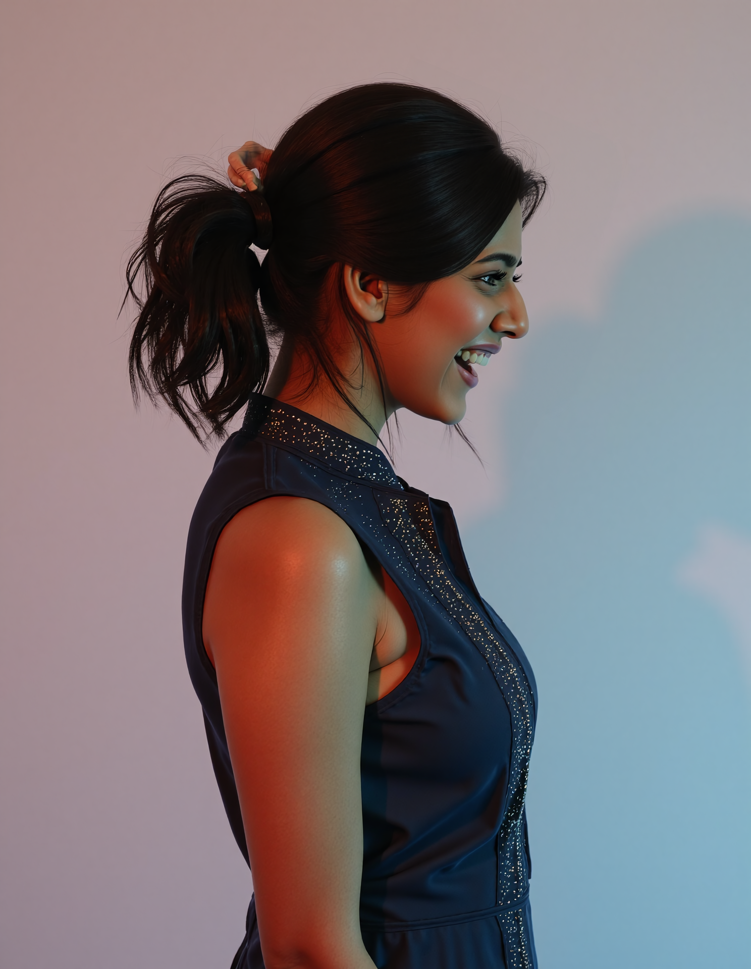 side view photo of d351 naak woman, hyper realistic photo that is safe for work, laughing, studio quality image with natural colors, well dressed wearing intricate sleeveless Navy kurta_with_Jeans, hair styled as  messy hair,muted pastel shaded multicolored background that contrasts with the person, cinematic lighting,ââ   <lora:d351 naak-Indian Upturned Nose-Flux-V1:1>âââ