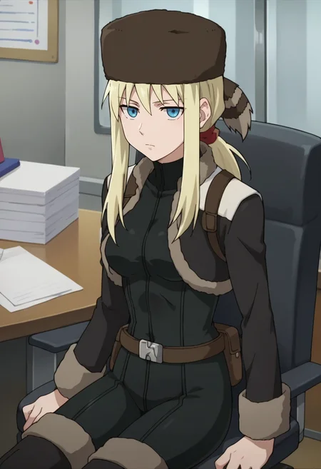 score_9,score_8_up,score_7_up,score_6_up,score_5_up,score_4_up,anime coloring BREAK source_anime,anime,<lora:Tanya_Akulova_Darker_than_Black_Pony:0.7>,tanyadtb,1girl,solo,blue eyes,blonde hair,ponytail,sidelocks,ushanka,bodysuit,cropped jacket,belt pouch,thigh boots,expressionless,sitting,office,chair,looking_at_viewer,