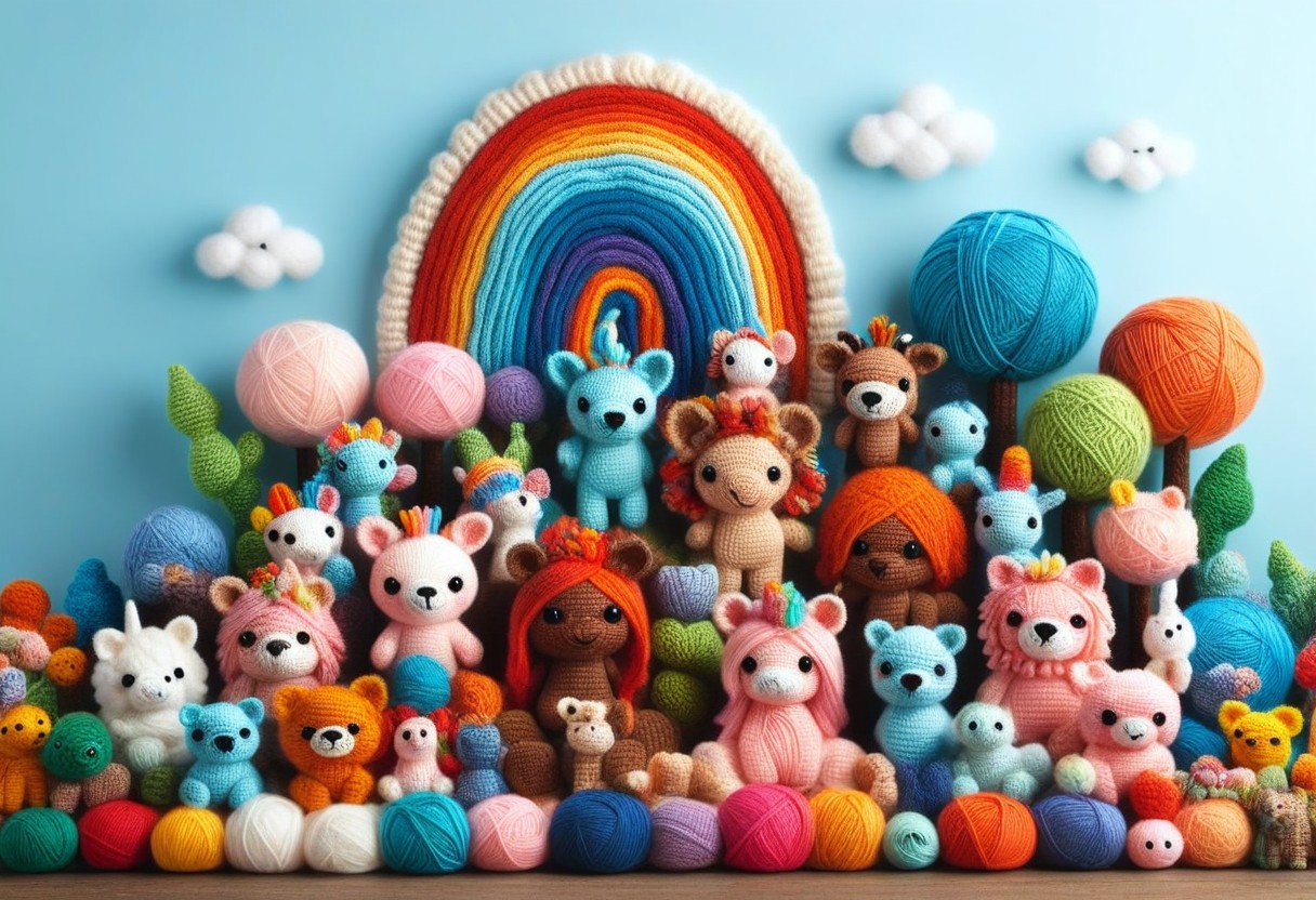 score_9, score_8_up, score_7_up, Yarnworld, rainbow colors, chibi animals, made of yarn, cute design, 
colorful detailed background,