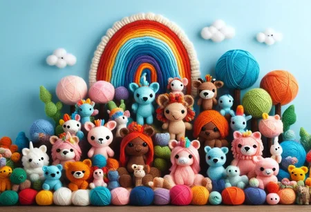 score_9, score_8_up, score_7_up, Yarnworld, rainbow colors, chibi animals, made of yarn, cute design,
colorful detailed background,