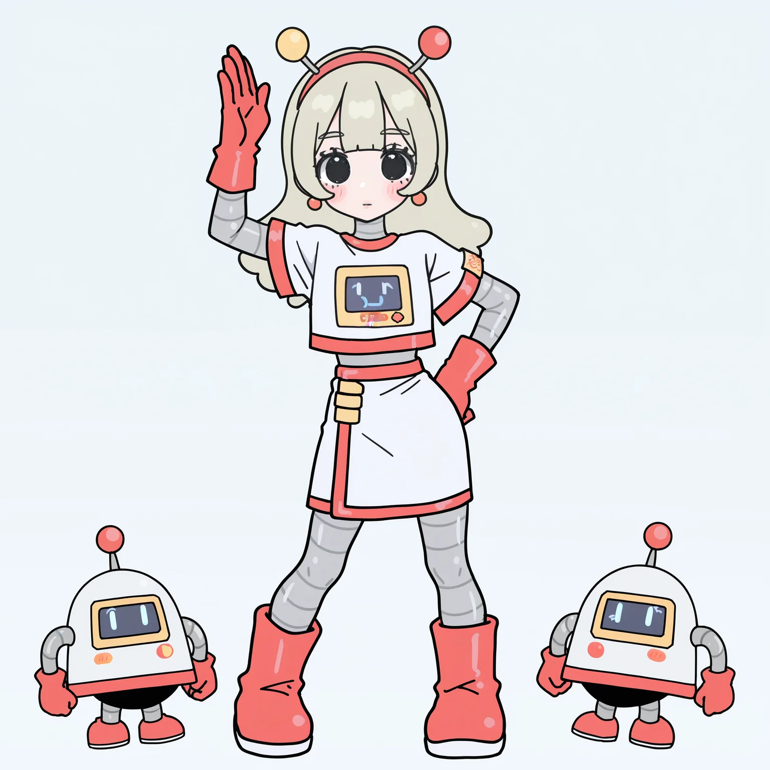 (masterpiece, best quality:1.2), amazing quality, very aesthetic, absurdres, perfect detail,
simple background,
standing, hand up, dancing, mcrobot, expressionless, blush stickers, looking at viewer,
solo, chibi, mcsetsuko, android, red_hairband, antennae, earrings, jewelry, white_shirt, print_shirt, short_sleeves, crop_top, white_skirt, red_trim, red_gloves, red_footwear, boots
<lora:XL_Ill_mcdo-set500-t1:1.0>