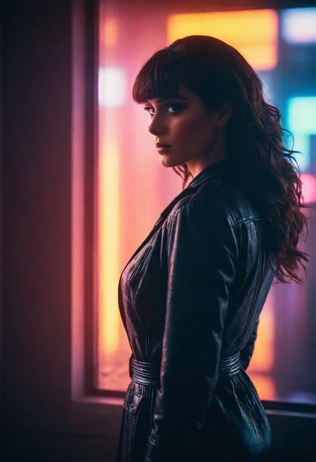 Blade Runner Style, super Face Closeup Portrait, Compose a vivid description for an image featuring Rachael from Blade Runner standing in a spacious room within a dystopian megacity skyscraper. The setting includes a large window revealing the somber, neon-lit dystopian cityscape at night, reminiscent of Ridley Scott's Blade Runner. Rachael is elegantly dressed in a form-fitting, transparent, floor-length gown, creating a striking silhouette that sharply contrasts with the dystopian cityscape visible through the window.
a neon sunset landscape