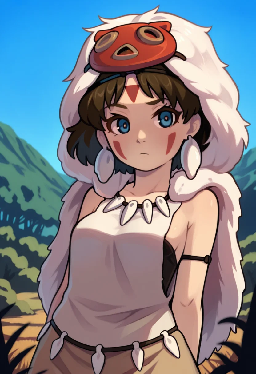misostyle, masterpiece,  best quality, solo, princess mononoke, blue eyes,  tribal clothing, wooded area, blue sky, bust shot