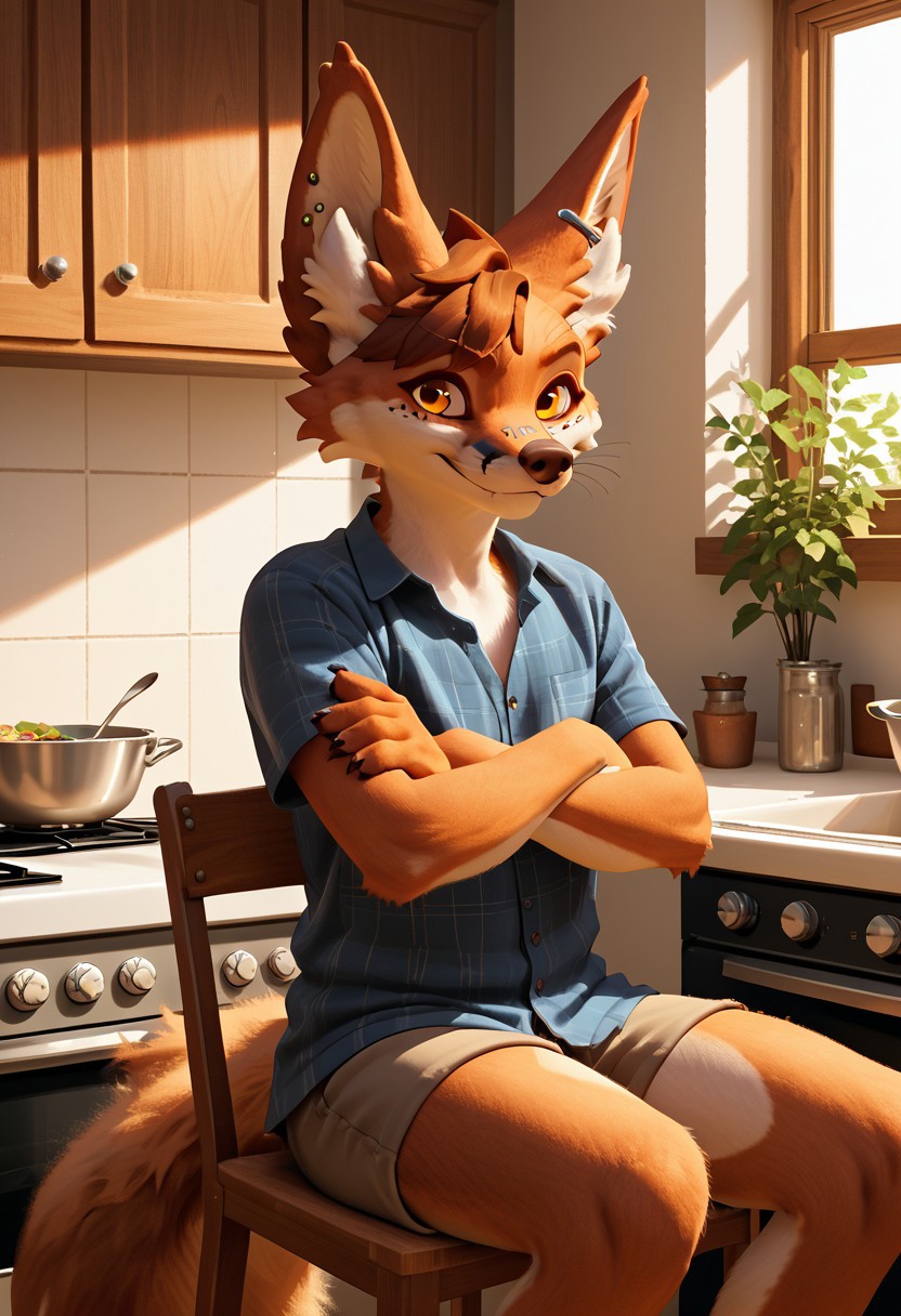 masterpiece, best quality, score_9, score_8_up, score_7_up, score_6_up, score_5_up, score_4_up, source_furry, solo, male, anthro, fox,  sitting on chair, kitchen, smiling, (crossing arms:1)