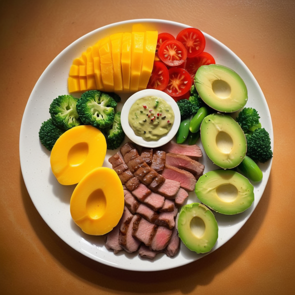 avocado,Generate a realistic photo of a neatly arranged, healthy fitness meal, consisting of a generous portion of meat, slices of mango, and a variety of vegetables. The ingredients should be displayed in an organized manner on the plate, emphasizing the harmony of colors and textures. The meat should be succulent and well-seasoned, but without any black pepper. Vegetables should add a fresh and vibrant green to the composition, creating a visually appealing contrast with the yellow of the mango and the rich color of the meat. The presentation is key, with each component of the meal having its distinct place on the plate, showcasing a balance of nutrition and aesthetics, <lora:fitfood:0.8>,fitfood