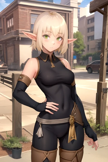 masterpiece, best quality, evangelyneold, 1girl, black gloves, blonde hair, blush, elf, fingerless gloves, gloves, green eyes, pointy ears, short hair, solo, outdoors <lora:Evangelynev1:0.6> <lora:Gentsuki:1>