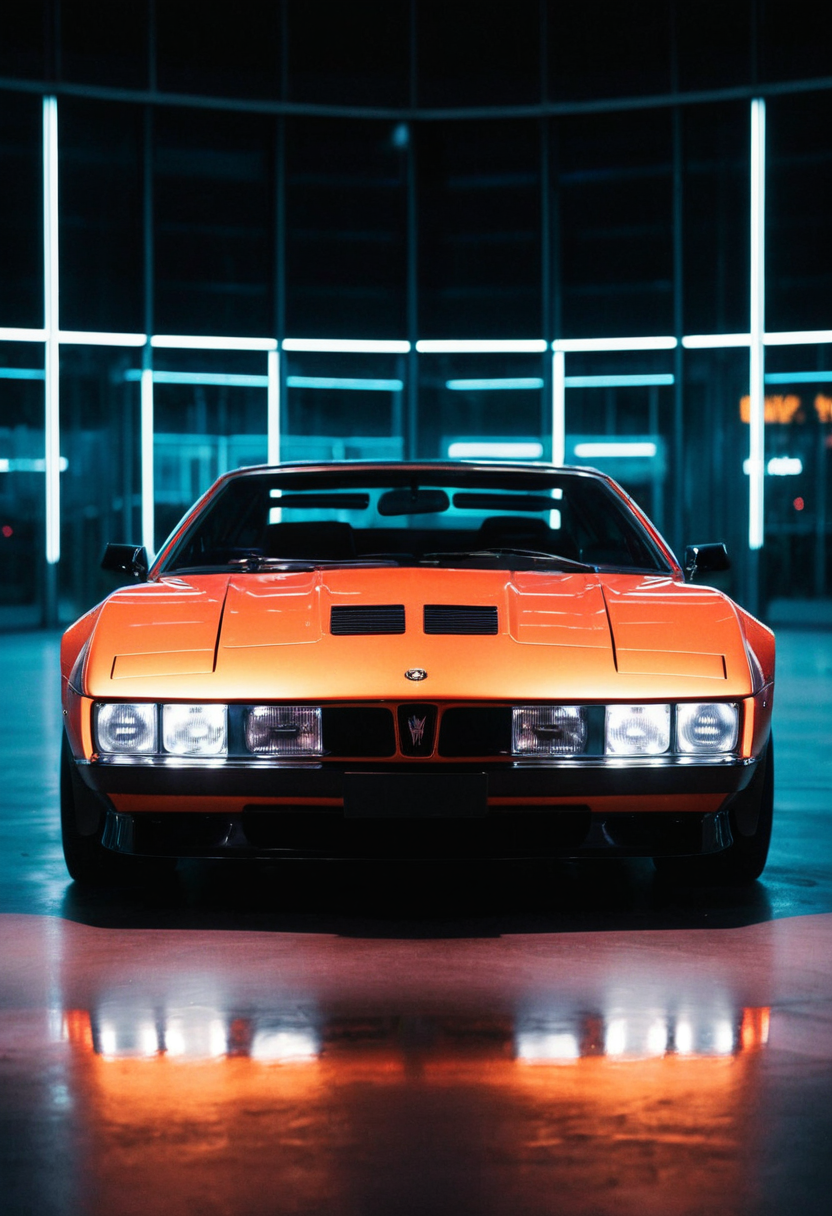 ClassicSportsCar, gleaming prototype, symmetrical front view, bright headlights, neon lights, glass background, light reflections, 4K, highly detailed, (stylish grainy analog 35mm film photo:1.2)
