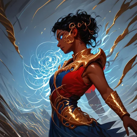ExpresHGothicNeonIncase, high quality, high resolution, highest quality, masterpiece, score_9, score_8_up, score_7_up, 1girl, solo_focus, <lora:Saheeli_Rai_MTG_-_PONYXL:1>, dark skin, black hair, brown eyes, blue dress, red dress, jewelry, gold bracers, Blue eyes, glowing eyes, (cowboy shot: 1.2), (side view: 1.2), future cityscape background, facing left, looking into the distance, body turning, arms extended, swirling wind