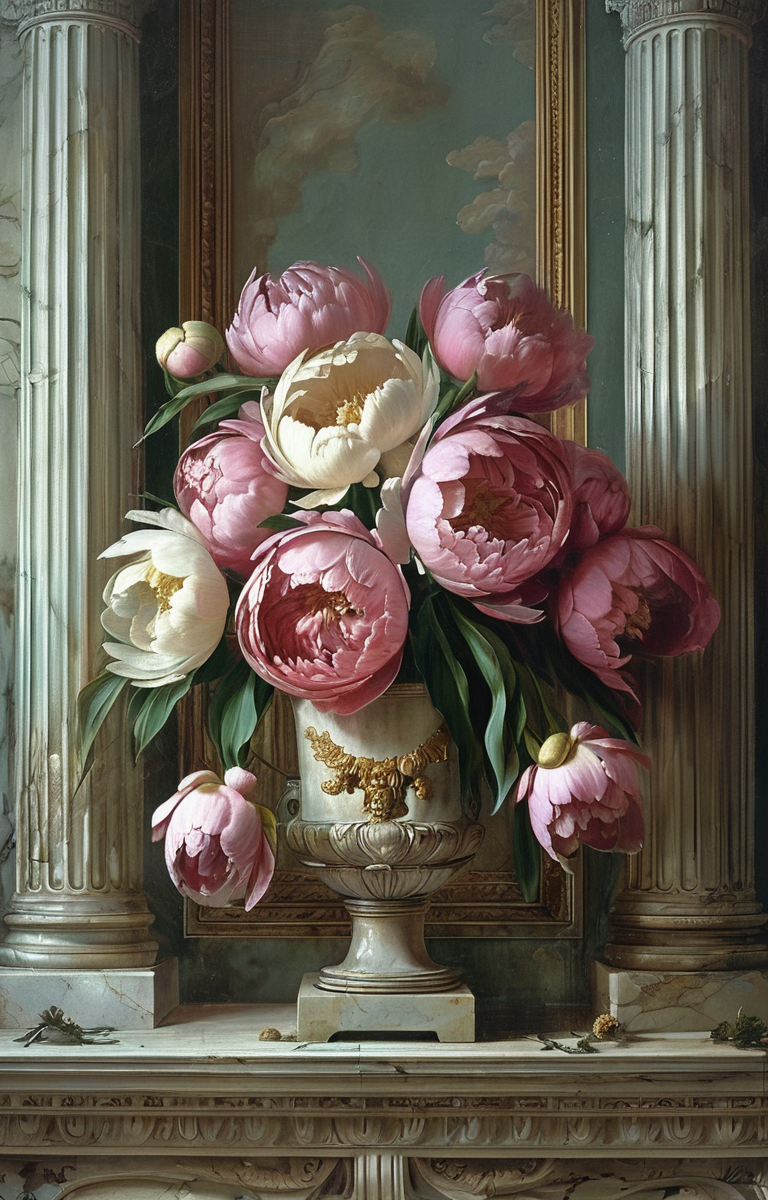 masterpiece,best quality,<lora:tbh355-sdxl:0.6>,illustration,patten of Neoclassicism, decaying peonies