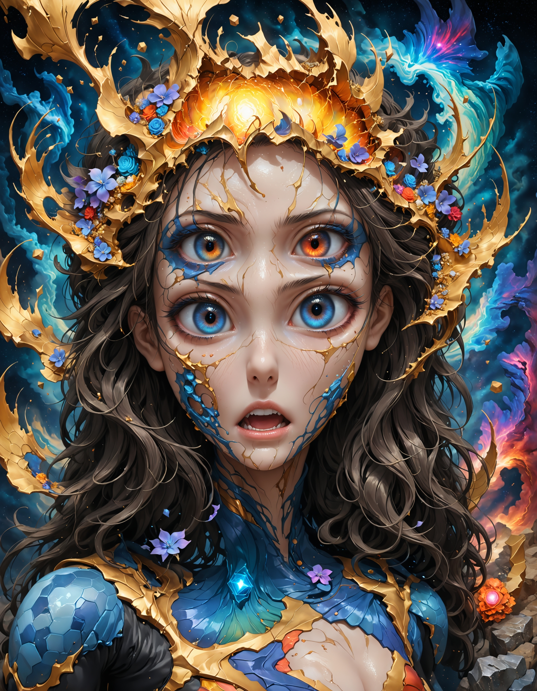 beautiful 1girl.DV_Kimbali_Vicious Angry, tightened jaw, squinted eyes, and raised eyebrows. ,
Charming a spell and does magic (Self-fulfilling prophecy,Vertical lines,Diagonal lines,Periwinkle ,waterfall,Cuboid,Plasma,Bewildering,Illuminating magic:1.0) (Supersolid,red ochre captivating,mystifying,glimmer ,gypsum board,animation tool (light table, animation software) wave propagation,brownian motion,quantum thunder,Cylinder,hexagon,Wavy lines,convection,seraphic magic:1.0),
masterpiece, best quality, amazing quality, very aesthetic, absurdres,  newest,
 <lora:hyperkraximalism_v1-1:0.7>, 
<lora:Iridescence:0.3> IRDCC,