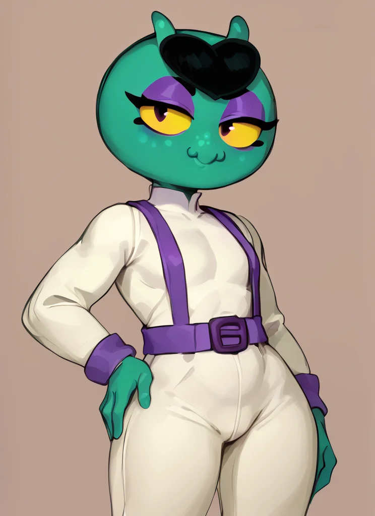 score_9, score_8_up, score_7_up, <lora:bseve:1> bseve ,1 girl , green skin , no humans, monobrow , no hair ,yellow sclera, antennae, eyeshadow, suspenders ,white bodysuit, long sleeves, pants , suspenders, , smile , half-closed eyes, hand on own hip, ,looking at viewer, <lora:Kittew-4RCH0N:1>