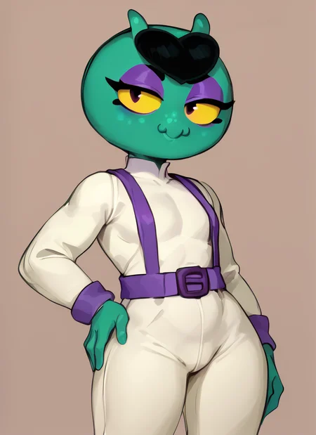 score_9, score_8_up, score_7_up, <lora:bseve:1> bseve ,1 girl , green skin , no humans, monobrow , no hair ,yellow sclera, antennae, eyeshadow, suspenders ,white bodysuit, long sleeves, pants , suspenders, , smile , half-closed eyes, hand on own hip, ,looking at viewer, <lora:Kittew-4RCH0N:1>