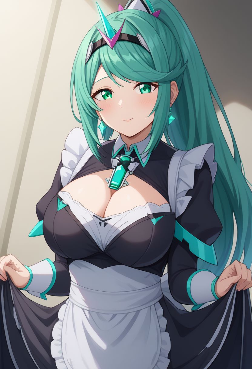 solo, best quality, mature, 1girl, Pneuma, cute, long hair, green hair, bangs, swept bangs, tiara, jewelry, ponytail, earrings, hair ornament, gem, chest jewel, green eyes, maid outfit, lift, antiBlurV2,