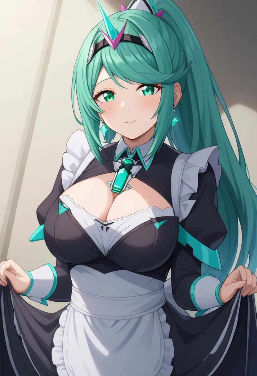 solo, best quality, mature, 1girl, Pneuma, cute, long hair, green hair, bangs, swept bangs, tiara, jewelry, ponytail, earrings, hair ornament, gem, chest jewel, green eyes, maid outfit, lift, antiBlurV2,