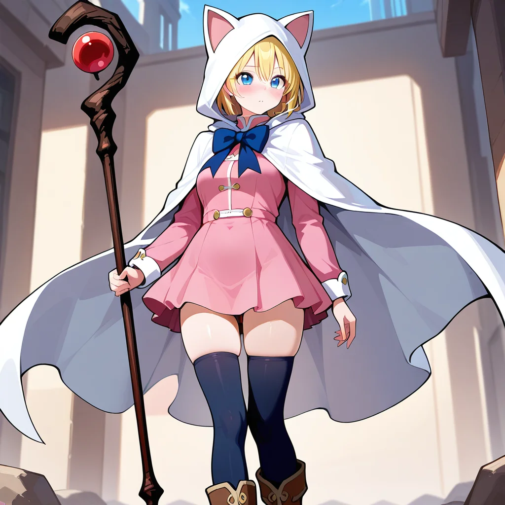 masterpiece, best quality, amazing quality, newest, <lora:Devout_cos_Illustrious:1>.Devout_cos,cat hood,pink dress,white cape,bow,skirt,staff,holding_staff,thighhighs,boots,skirt