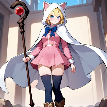 masterpiece, best quality, amazing quality, newest, <lora:Devout_cos_Illustrious:1>.Devout_cos,cat hood,pink dress,white cape,bow,skirt,staff,holding_staff,thighhighs,boots,skirt