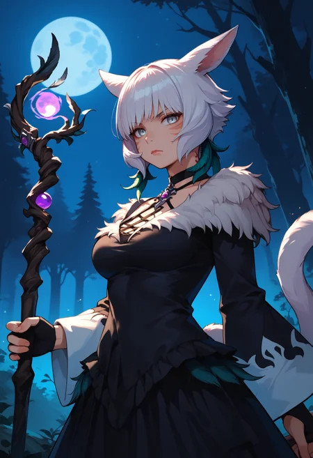 score_9, score_8_up, score_7_up, 1girl, solo, shtla, dark-skinned female, animal ears, tail, whisker markings, short hair, large breasts, <lora:YshtolaRhulPDXL_V1-Manityro-CAME:1.0>,
grey eyes, white hair, shaOtft, feather earrings, feathers, brooch, black halterneck, black choker, black dress, long dress, fur-trimmed dress, wide sleeves, black gloves, partially fingerless gloves, claw ring,
looking at viewer, serious, holding staff, wood staff,
outdoors, dark, night, moon, spooky forest, purple magic, purple aura