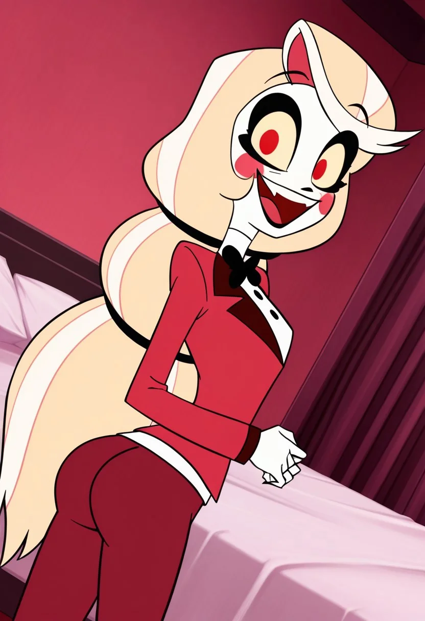 anime screencap, absurdres, high quality, official style, 1girl, charlie morningstar, blonde hair, very long hair, low-tied long hair, red eyes, yellow sclera, blush stickers, shirt, white shirt, long sleeves, red jacket, red pants, bowtie, black bowtie, looking at viewer, smile, happy, open mouth, cowboy shot, dutch angle, indoors, bedroom, bed, <lora:Charlie_Magne_Hazbin_Hotel_LoRA_Illustrious_Edition:1> ass, butt, big ass, juicy ass, ass focus,