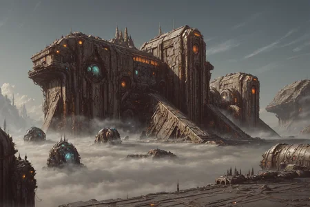 (masterpiece), vast ancient alien city, decrepit scenery, megastructures, turrets, (art by Bastien Lecouffe-Deharme:1.2), (unreal engine render, photorealistic painting, photorealism:1.2), mysterious