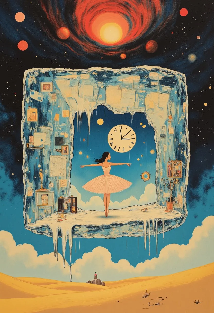 A massive, crystalline block of ice hovering mid-air in an endless desert of golden sand dunes, refracting rainbows and fragments of memories within. Inside the ice, a frozen, ethereal ballerina is suspended mid-pirouette, her movements implied by faint trails of light. The sky above is a swirling blend of fiery reds and deep indigos, with melting clocks dripping from invisible surfaces. Hyper-detailed textures, dreamlike atmosphere, surrealism, 8K resolution, artistic and emotional depth. aidmaMJ6.1, OBqpsh