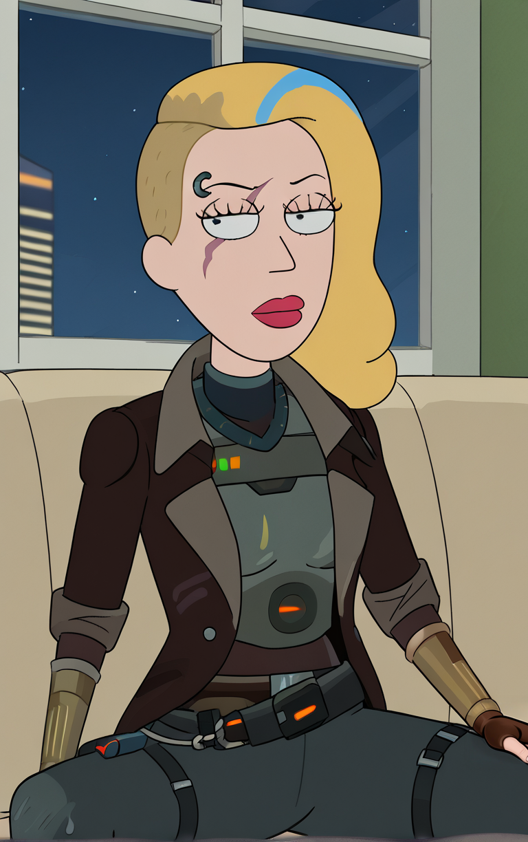 score_9, score_8_up, score_7_up, score_6_up, BREAK
Jacket_SpaceBethSmith_ownwaifu, toon \(style\), 
1girl, blonde hair, black eyes, constricted pupils, multicolored hair, makeup, blue hair, streaked hair, long hair, lipstick, scar on face, scar, piercing, scar across eye, red lips,
bodysuit, pants, brown jacket, belt, armor, fingerless gloves, jacket, brown gloves,
(sitting, spread legs), couch, window shade, <lora:PONYXL_MOM_SpaceBethSmith_ownwaifu:0.9>,
 depth of field, light particles,