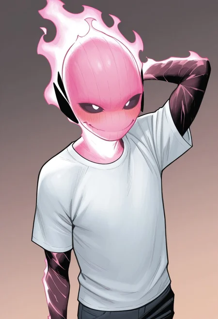 masterpiece, absurdres, high quality, perfect anatomy, 1boy, solo, cute boy, male focus, doyle, Pink Fire, Black Scelera, colored scelera, t-shirt, shy smile, hand behind head, cinematic, intricately detailed illustration, depth of field, masterpiece, best quality, amazing quality, very aesthetic, absurdres, newest, very awa,  shadow, dynamic angle, casual cosplay, dynamic pose, simple background,