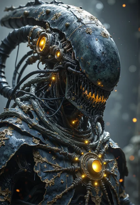 Alien cyborg, biomechanical limbs, pulsating tubes, glowing glyphs, sinister grin <lora:Elden_Ring_-_Yoshitaka_Amano.safetensors:1.0>, <lora:black_fantasy.safetensors:0.75>,