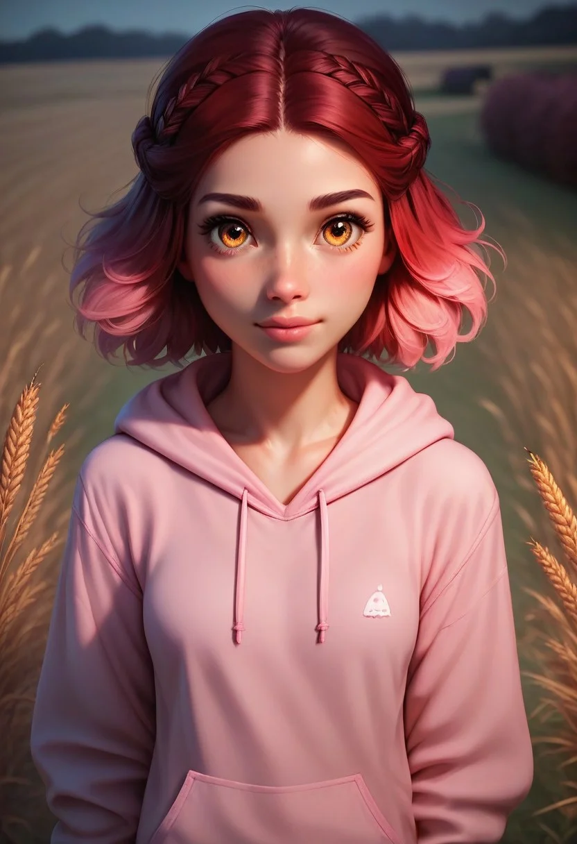 score_9, score_8_up, score_7_up, semi realistic, 1girl, Ruby Gamroy, 20 years old, amber eyes, detailed hands, detailed face,
seductive look, red hair, pink gradient hair, shoulder length hair, french braid, ombre, ears covered with hair, small breast,
pink hoodie,
high angle,
halloween, harvest, autumnal, outdoors, wheat field,