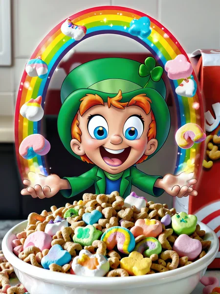 An epic photo of Lucky the Leprecaun pooping a rainbow adorned with colorful marshmallow charms into a bowl of cereal.  <lora:Lucky-Charms-XL-v1-000015:0.7>