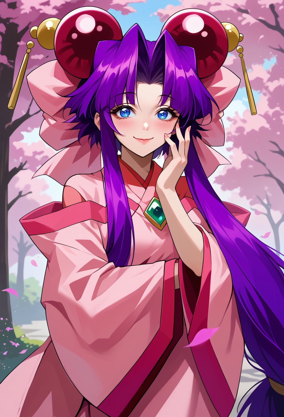 score_9, score_7_up, source_anime, BREAK  <lora:AECherry-000009:1> AECherry, blue eyes, purple hair, very long hair, low-tied long hair, hair bow, hair ornament, huge bow, pink bow, gem, japanese clothes, kimono, long sleeves, wide sleeves, pink dress, pink kimono, wide sleeves, off-shoulder dress,
smile, hands on own cheeks, yandere trance,  yandere,