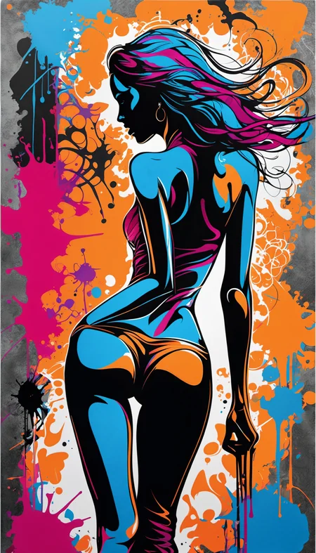 thin, fine fractal glossy vivid colored ink sketch shiny contours outlines of a young female figure silhouette