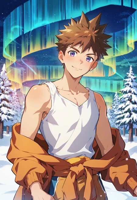 score_9, score_8_up, score_7_up, source anime, yaoi, gay, nsfw, year 2023, 1boy, male focus, solo, <lora:Sora:0.9> sora, brown hair, spiked hair, white tank top, clothes round waist, orange jumpsuit, north pole, winter, aurora borealis, looking at viewer, gentle smile, <lora:AHR_Studio:0.8> AHR style, <lora:xl_more_art-full_v1:0.5>, <lora:add-detail-xl:1>, best quality, amazing quality, best aesthetic, absurdres