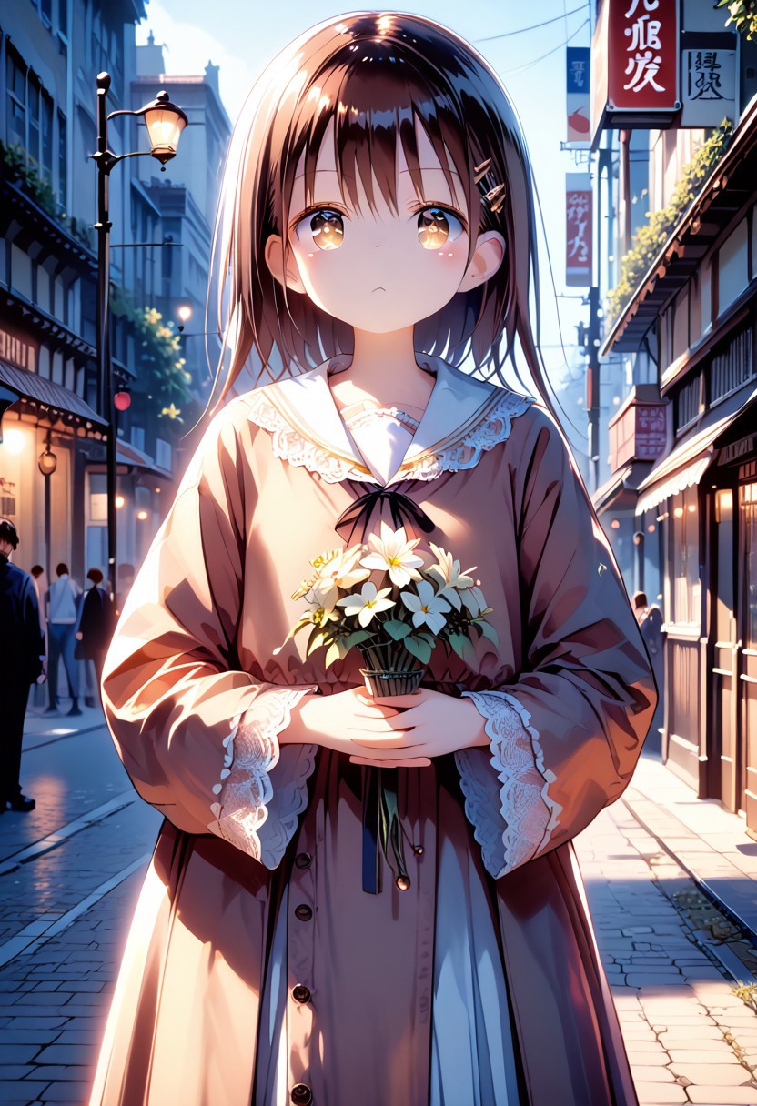 score_9, score_8_up, score_7_up, 1girl, FujisakaLP, masterpiece, (front focus), surrealist female portrait, fantasy art, realism, dynamic lighting, art station, poster, volumetric lighting, highly detailed face, black and fluffy eyes, shiny pupils,4K, award-winning, 1 girl, understated,fullbody shot, (official attire: 1.4,white lace gown), street light, dark brown hair,