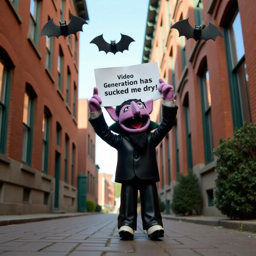 aidmatextimprover, A Photo-realistic image of Count Von Count from sesame street in an alleyway, He's holding up a sign with text: "Video Generation has sucked me dry!", bats