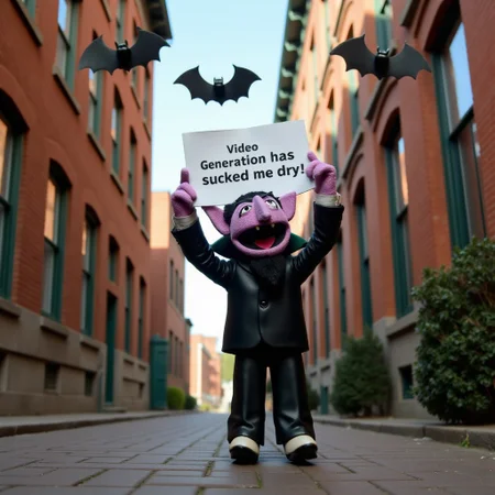 aidmatextimprover, A Photo-realistic image of Count Von Count from sesame street in an alleyway, He's holding up a sign with text: "Video Generation has sucked me dry!", bats