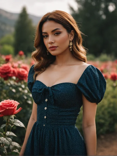 A dynamic cinematic photograph of Brett_Bowles_P_MXAI_SDXL , serene expression, wearing an elegant colorful summerdress, walking through an ornate rose garden, noon, summer, colorful butterflies, ((cowboy shot)), PA7_Portrait-HL_v2, SK_CINEMATIC, ziprealism