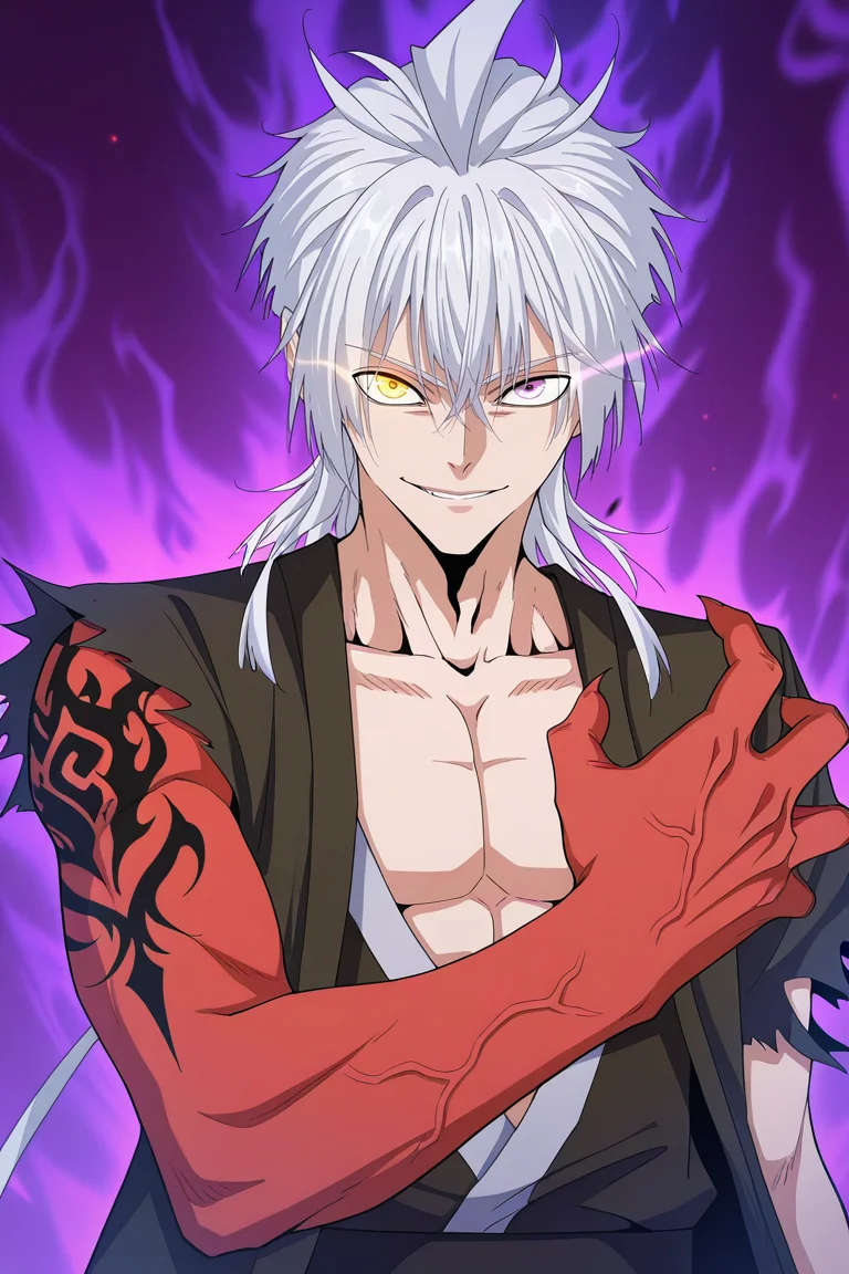 masterpiece, best quality, amazing quality,high resolution,intricate details,official style,depth of field,anime screencap , , , 1boy, solo, male focus,<lora:zhou_yi-fan:0.90>,zhuo-yi fan,white hair,hair tails,heterochromia,golden eyes,light purple eyes,glowing eyes,long hair,looking at viewer,torn sleeve,tattoo,one arm only, one red hand up, red one arm, sharp claw, hand veins,smile,dark aura,upper body,chinese hanfu