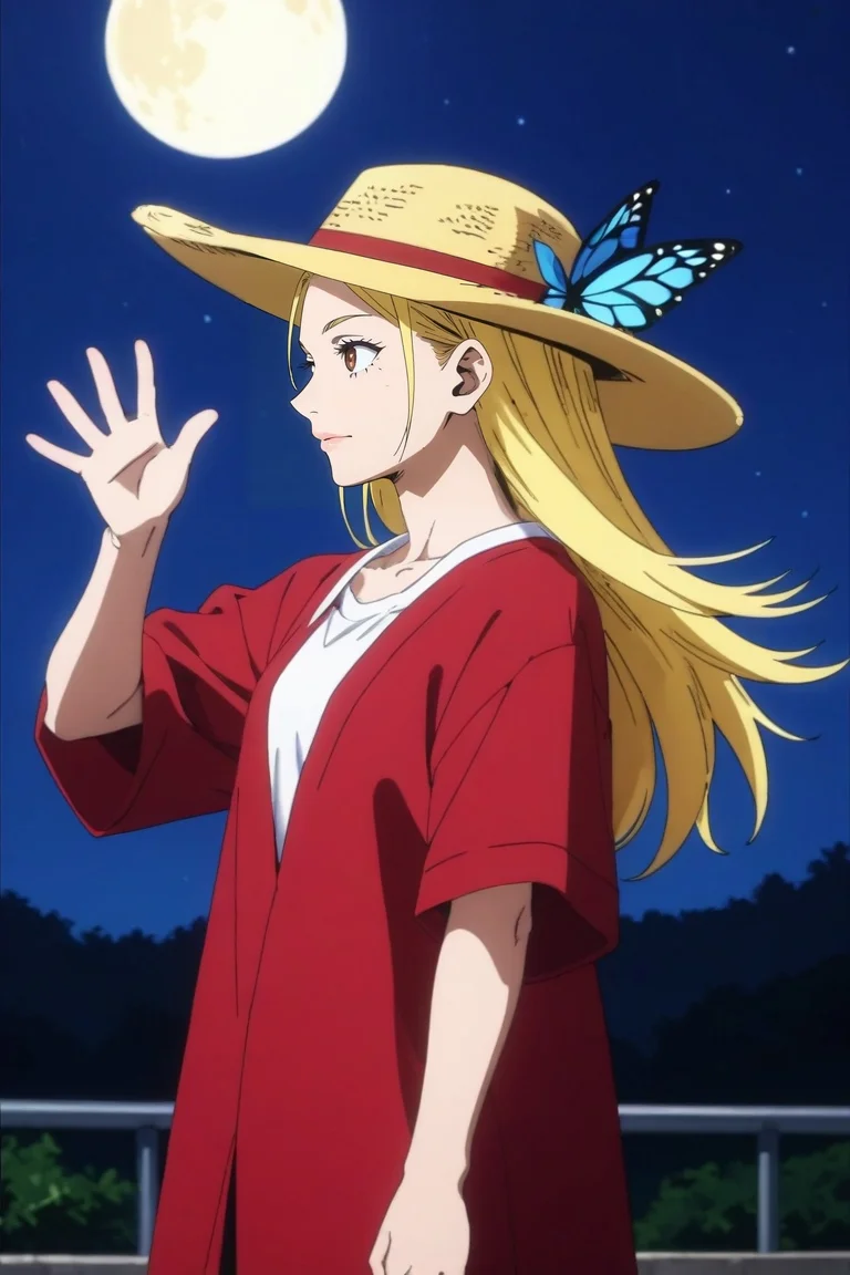score_9, score_8_up, score_7_up, source_anime, rating_safe, , anime screencap, anime coloring, , , , 1girl, solo, <lora:cathleen_bate_pony:0.84>, cathleen_bate, blonde hair, brown eyes, long hair, , rule of thirds, ayers rock, night, full moon, waving, relaxed, poncho, miniskirt, amber headwear, butterfly hair ornament, <lora:sdxl_lightning_8step_lora:1>
