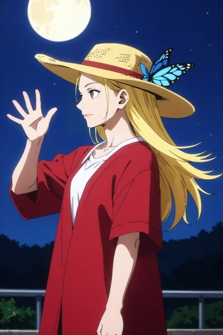 score_9, score_8_up, score_7_up, source_anime, rating_safe, , anime screencap, anime coloring, , , , 1girl, solo, <lora:cathleen_bate_pony:0.84>, cathleen_bate, blonde hair, brown eyes, long hair, , rule of thirds, ayers rock, night, full moon, waving, relaxed, poncho, miniskirt, amber headwear, butterfly hair ornament, <lora:sdxl_lightning_8step_lora:1>