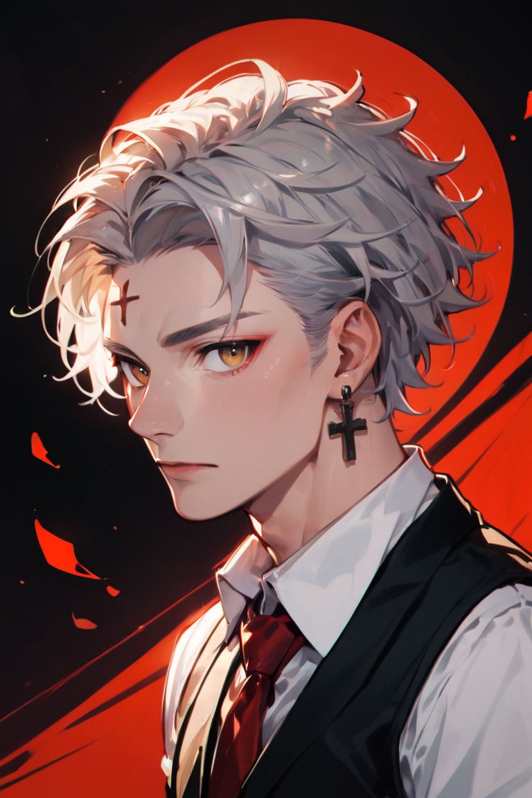 score_9, score_8_up, score_7_up, score_6_up, score_5_up, score_4_up, 1boy, solo, necktie, male focus, earrings, jewelry, shirt, tattoo, cross, neck tattoo, red necktie, looking at viewer, white shirt, vest, collared shirt, black vest, upper body, short hair, cross earrings, white hair, yellow eyes, red background, brown eyes, bangs, closed mouth, grey hair, black background <lora:Anime Summer Days Style SDXL_LoRA_Pony Diffusion V6 XL:1>