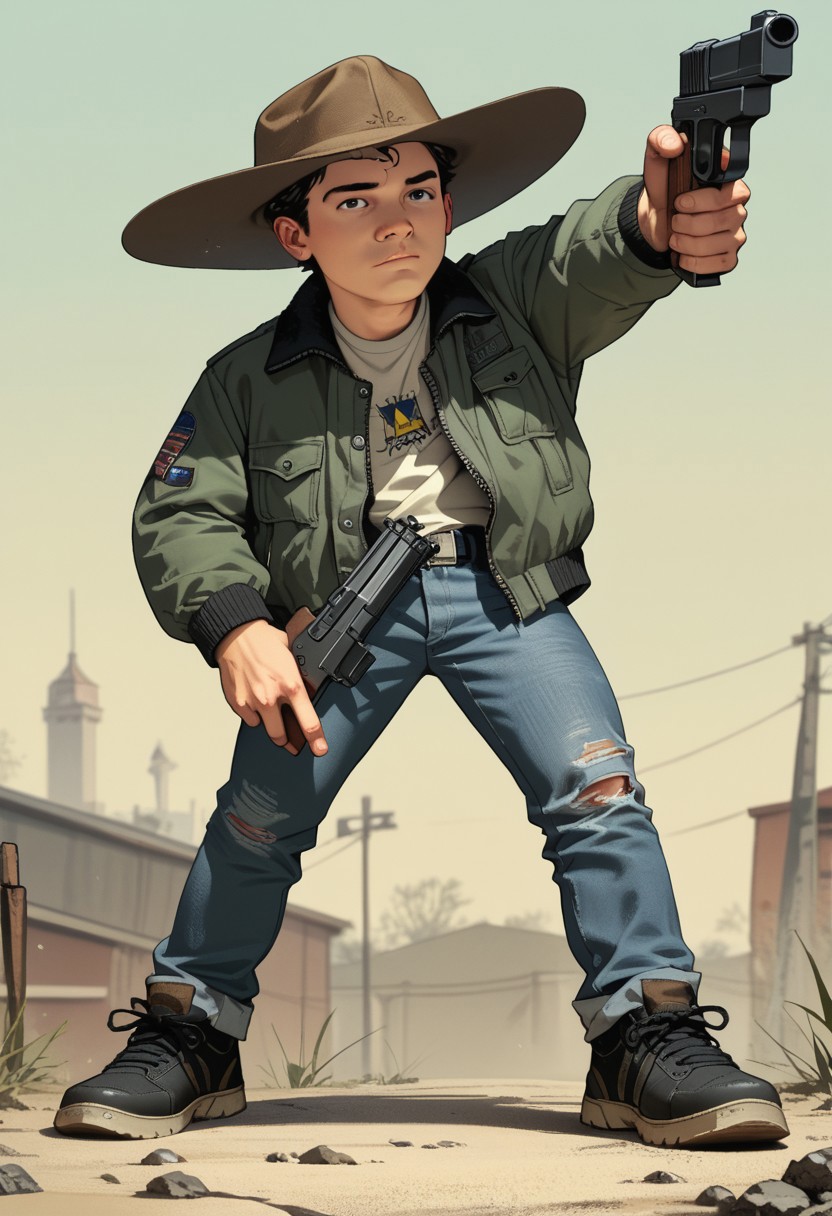 score_9, score_8_up, score_7_up, masterpiece-level, highly detailed, carlgrimescomic, 1boy, solo, male focus, front view, hat, cap, gun, denim, jacket, black eye, black hair, shoes