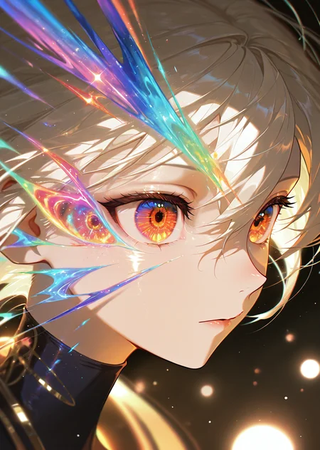 masterpiece, best quality, amazing quality, very aesthetic, absurdres,  newest, (scenery, volumetric lighting),
eye_focus,
1girl, solo, vibrant anime eyes,full face,portrait, kaleidoscope pattern irises, fractal colors shifting, prismatic light effects, iridescent shimmer, mesmerizing gaze, smooth shading, glossy eye texture, unique multi-layered depth, rainbow glow, ultra-detailed, radiant atmosphere, elegant fantasy look, soft cinematic lighting, surreal visual effect, dreamlike presence, anime high-definition style, bokeh background with light streaks
,masterpiece, best quality, amazing quality, very aesthetic, absurdres,  newest, (scenery, volumetric lighting),
, <lora:eye_focus_illus:0.8>,